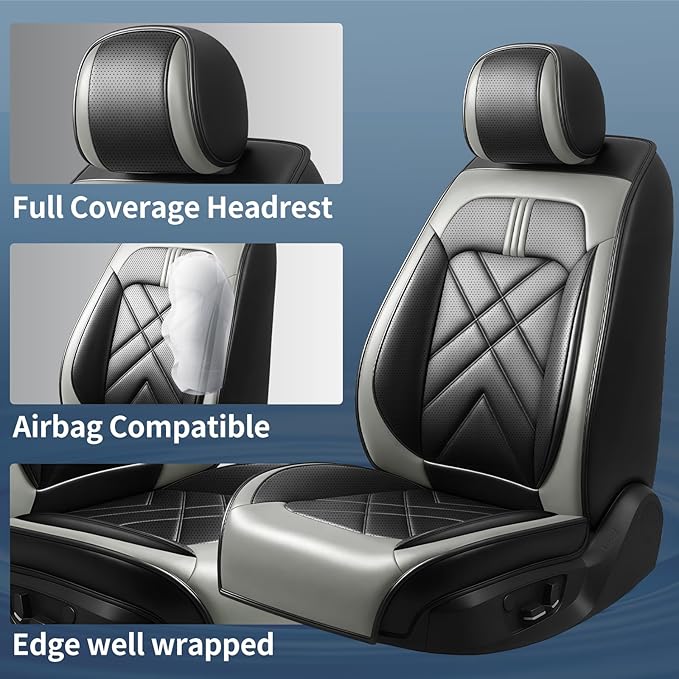 Car Seat Covers Compatible with Mazda 6 2007-2021, Full Coverage Premium Leather Waterproof Breathable Seat Covers, Automotive Seat Protectors, Airbag Compatible(2 Front Seats, Black Gray)
