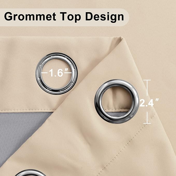 XWZO Complete Blackout Shades Window Curtain Panels with Tiebacks- Noise Reduction and Light Blocking Grommet Curtains with Black Liner for Studio, Basement Room, Biscotti Beige, W42 x L45, Set of 2