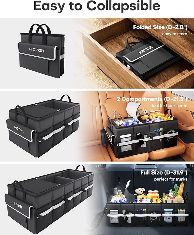 HOTOR Trunk Organizer - Car Organizer with Built-In Leakproof Car Cooler, Collapsible Trunk Organizer with Cooler for Car, SUV, Sedan, with Base Panel (3 Compartments, Black),31.9"×12.6"×10.6"
