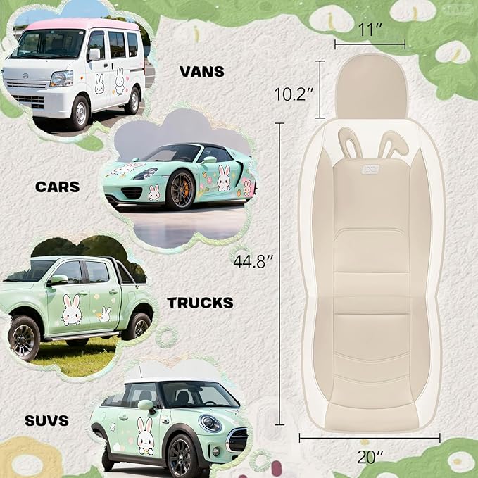 PIC AUTO Car Seat Covers, Cute Rabbit Premium Beige Leather Seat Covers, Universal Fit Front Seat Covers for Cars, Trucks, SUVs, Soft & Wear-Resistant Auto Interior Protection with Airbag-Compatible