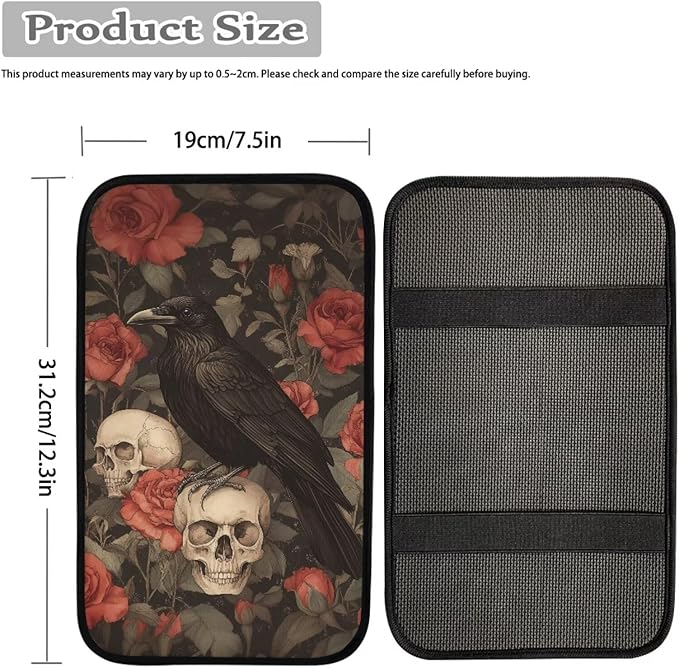Crow Print Armrest Cover Pad for Car Skull Rose Print Center Console Cushion Pad Universal Decorative Car Armrest Box Protector Cover, Black