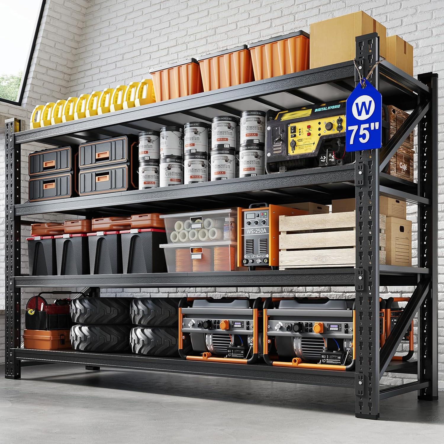 Yizosh 75" W Metal Garage Storage Shelves,8000LBS Heavy Duty 4-Shelf Adjustable Steel Organization Shelving,Utility Rack Shelf,75" W x 24" D x 70" H for Basement,Warehouse,Industrial