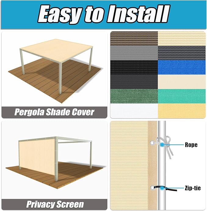 Amagenix 90% Pergola Shade Cover 6' X 20' Sun Shade Cloth with Grommets for Outdoor Garden Patio Porch, Commercial Grade 200 GSM - Cable Zip Ties Included (We Customized) GN108, Wheat