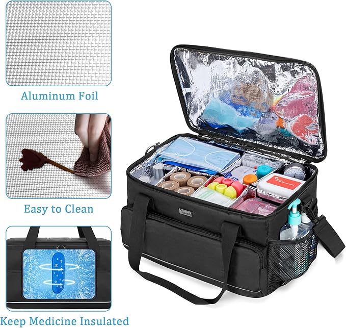 Trunab Large Insulated Medical Bag with Adjustable Dividers, Easy Clean Trauma Bag, Medicine Supplies Storage Bag for Home, Travel, Camping, Bag Only - Patented Design, Black
