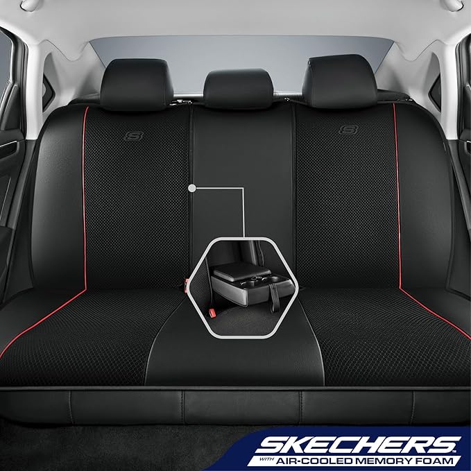 Skechers Air-Cooled Memory Foam Seat Covers,Mesh Thick Car Seat Covers,Piping Leather Car Seat Cover Full Set,Airbag Compatible,Automotive Comfort Universal Fit Most Cars,Vans,Trucks,SUV,Red