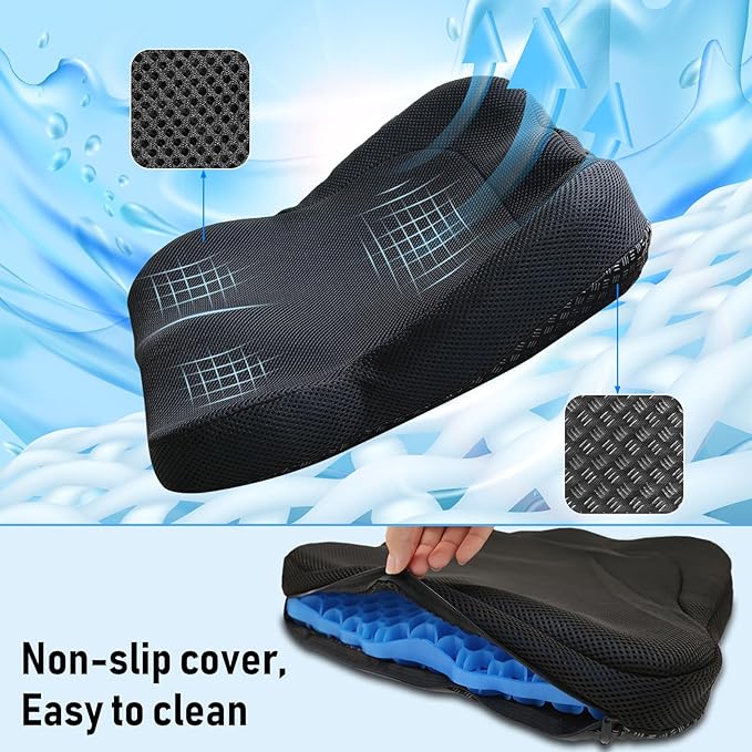 Cooling Gel Seat Cushion, Thickened Big Breathable Honeycomb Design Absorbs Pressure Points Gel Cushion with Anti-Slip Cover Cooling Seat Cushion for Office Chair Home Car Seat Cushion for Wheelchair