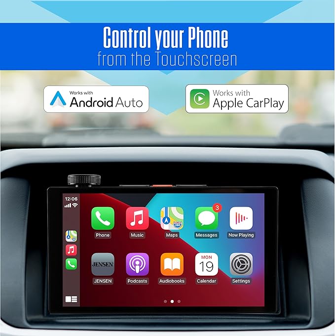 JENSEN J5UP10 10.1-inch Top Mount Tactile Control Certified Wireless Apple Carplay Android Auto Car Stereo | Single & Double DIN Touchscreen | IllumiNITE Light Ring & Buttons | Front/Rear Camera Input