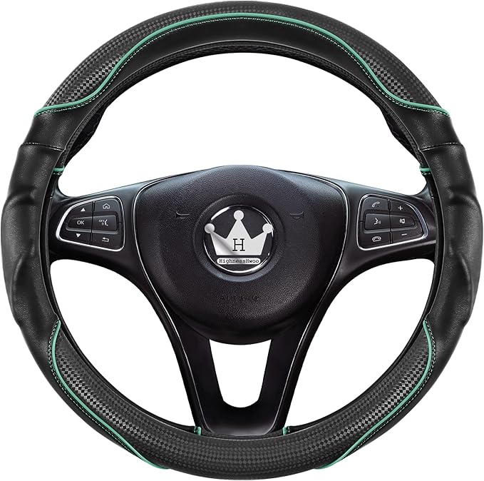 3D Car Steering Wheel Cover Comfort Grip Massage Sporty Anti-Slip Carbon Fiber Faux Leather for F150, Trucks, Jeep, Van, Car Handle Covers for All Seasons, 15.2-16in, Green