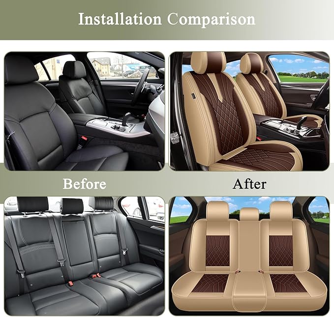 Breathable Car Seat Covers for Toyota Prius 2015 2014 2013 2012 2011 2010 2009 2008 2007 2006 2005 2004 2003, Perforated Leather Full Set 5 Seats, for Toyota Prius Accessories (Beige&Brown)