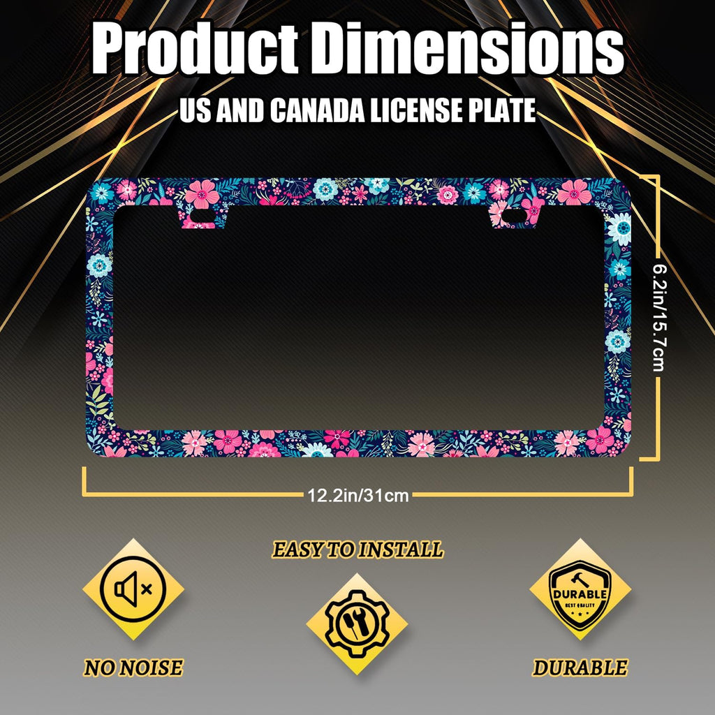 Colorful Flowers License Plate Frame Beautiful Floral Flower License Plate Holder for Women Car Decorative Stainless Steel Cute License Plate Flowers Auto Parts with Screws 12.2"x 6.2"