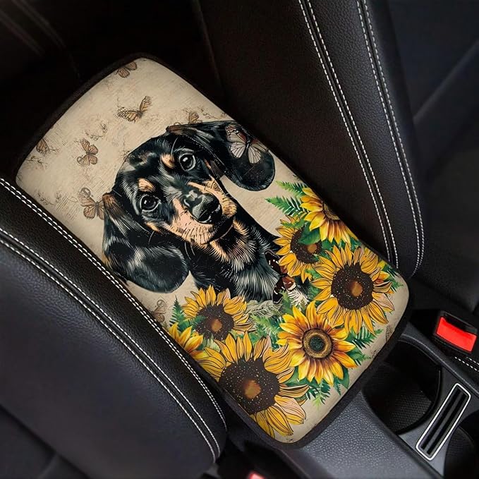 Suobstales Dachshund Sunflower Butterfly Print Car Accessories Center Console Cover Replacement, Universal Armrest Cover for Car Center Console for Truck Sedan SUV