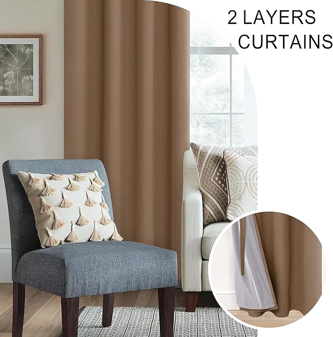 XWZO Full Shading Blackout Curtains 45 Inches Length - Heat and Light Blocking Ring Top Window Drapes with Black Liner Backing for Bedroom Sewn with Tiebacks, Cappuccino, W42 x L45, Set of 2 Panels