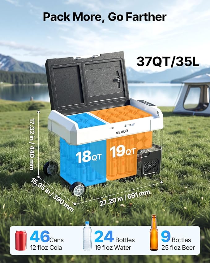 VEVOR Car Refrigerator, DC 12/24V AC100-240V Compressor Electric Cooler, -4°F to 68°F Truck Refrigerator with APP Control, Wheels & Dual Zone, 37 QT Cars Cooler for RVs, Boats, Camping, Fishing
