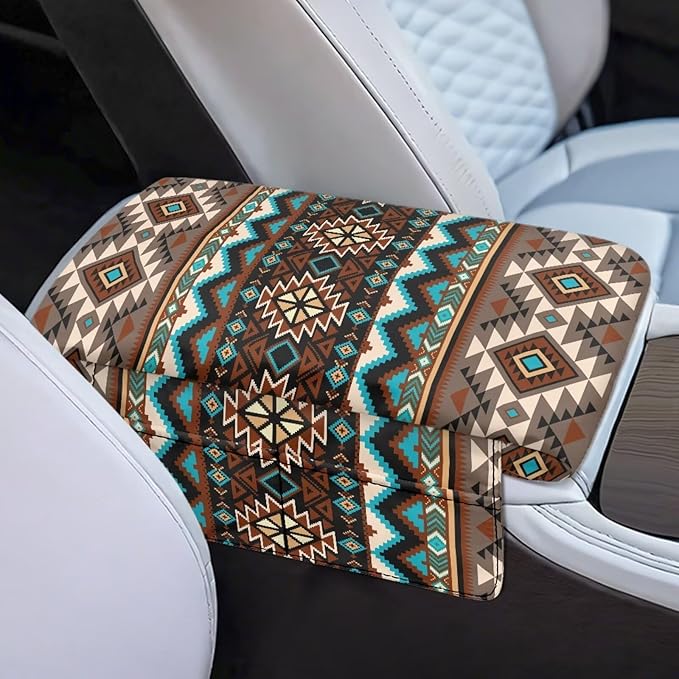 Dreaweet Car Center Console Cover Southwestern Native Indian American Aztec Navajo Arm Rest Cover for Car with Pockets Soft Comfy Thick Car Armrest Cushion Storage Box Mat