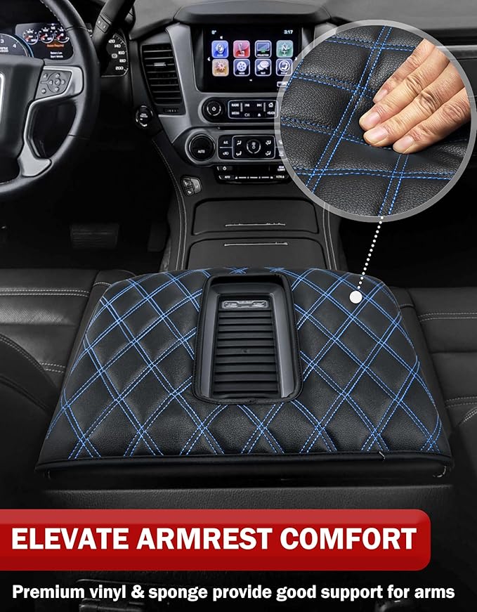 KBH Center Console Armrest Cover for Chevy Silverado & GMC Sierra 1500 2500 3500 2014-2018, Tahoe Suburban Yukon 2015-2020, Bucket Seat Console, Anti-Scratch, Black-Blue Double Stitch