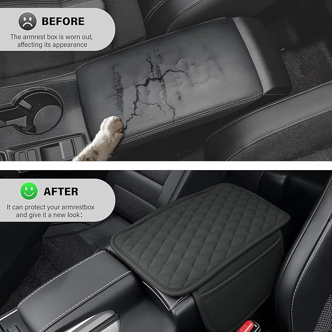 Amiss Car Center Console Cover, Upgraded Leather Car Armrest Cushion with 2 Storage Pockets, Universal Waterproof Cushion Pad, Non-Slip Car Interior Accessories, Fits Most Sedans SUVs Trucks (Gray)
