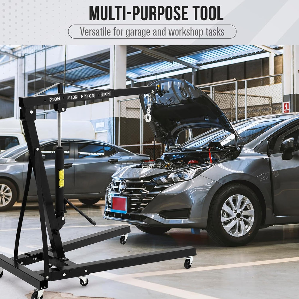 2 Ton Hydraulic Engine Hoist with Lever Stabilizer , Cherry Picker Engine Hoist, 4400LBS Heavy Duty Garage Crane with 6 Swivel Casters & Adjustable Telescopic Boom, for Auto Repair & Workshop (Black)