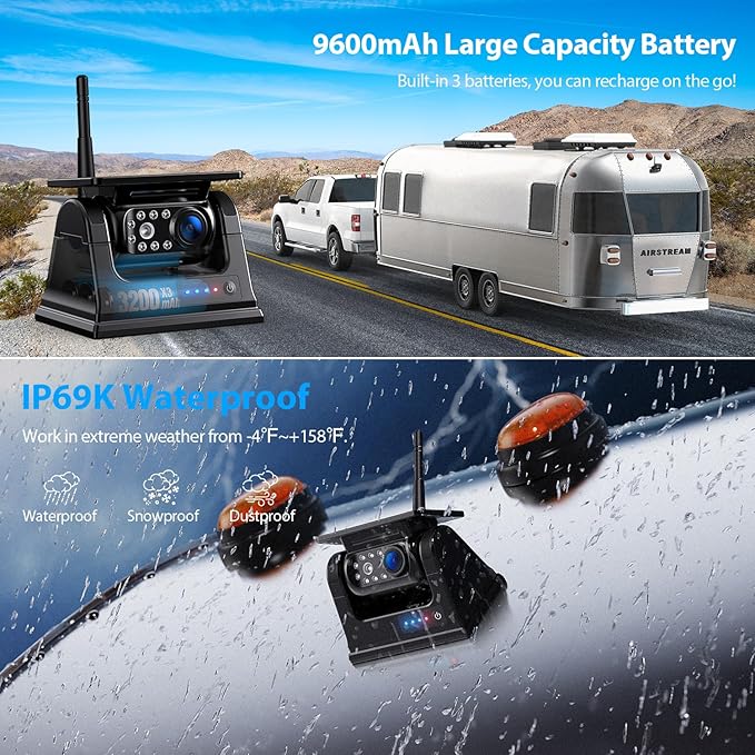 ZEROXCLUB 9 Inch Magnetic Solar Wireless Backup Camera System, 9600mAh Solar Rechargeable RV Backup Camera Wireless with HD1080P 9" Loop Recording Monitor for Trailer RV Trucks, BL901