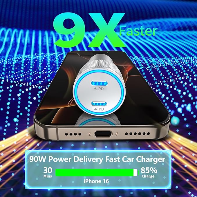 [Apple MFi Certified] iPhone 17 Car Charger Fast Charging, Linocell 90W Dual PD Power Cigarette Lighter USB-C Car Charger with 2Pack Type-C Cord for iPhone 17/17 Pro Max/16 Pro/15/Galaxy S26/S25/Pixel