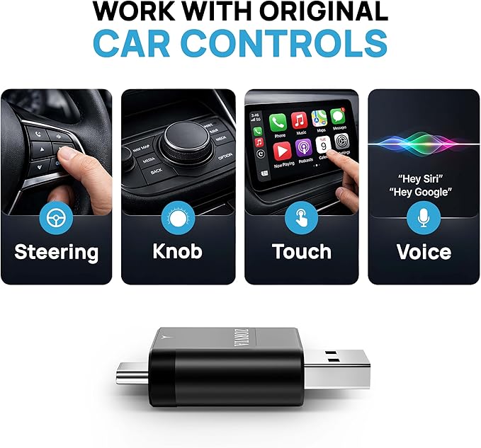 ZORVIA Wireless CarPlay Adapter for iPhone & Android Auto 2026 Upgraded - Convert Wired CarPlay to Wireless, Fast Auto Reconnect, Plug and Play, USB-C & USB-A (Black)