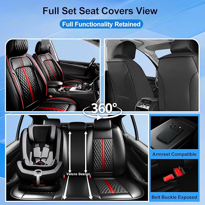Fit Impala Car Seat Covers for Select Chevrolet/Chevy Impala 2000-2020, Premium Full Coverage Leather, Airbag Compatible, Waterproof All Weather Seat Protector, Full Set, Red Trim