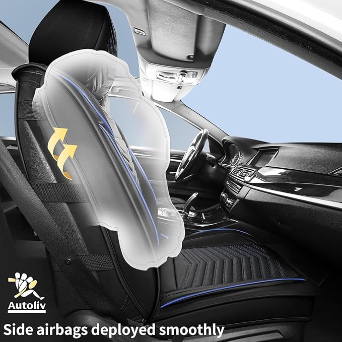 Car Seat Covers, Breathable and Waterproof Leather Seat Covers for Cars, Universal Anti-Slip Driver Seat Cover for Most SUV Pick-up Truck Sedan (2 PCS Front Seat, Black + Blue)