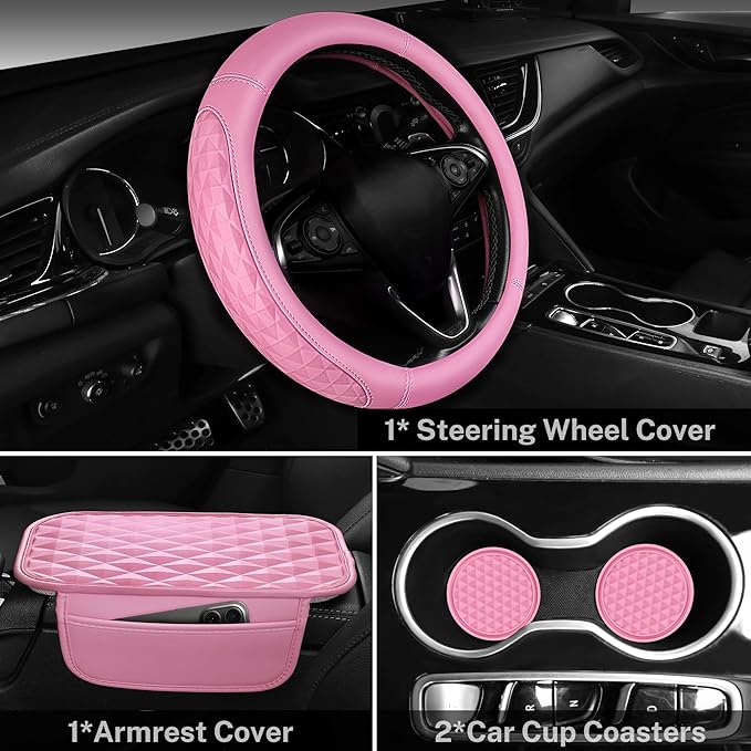 CAR PASS 3D Rhombus Leather Steering Wheel Cover Car Accessories Set, Comfortable Center Console Armrest Cushion with Storage Bags 2 Non-Slip Cup Coasters, 14.5-15in Cute Car Interior Sets, 4 PCS Pink