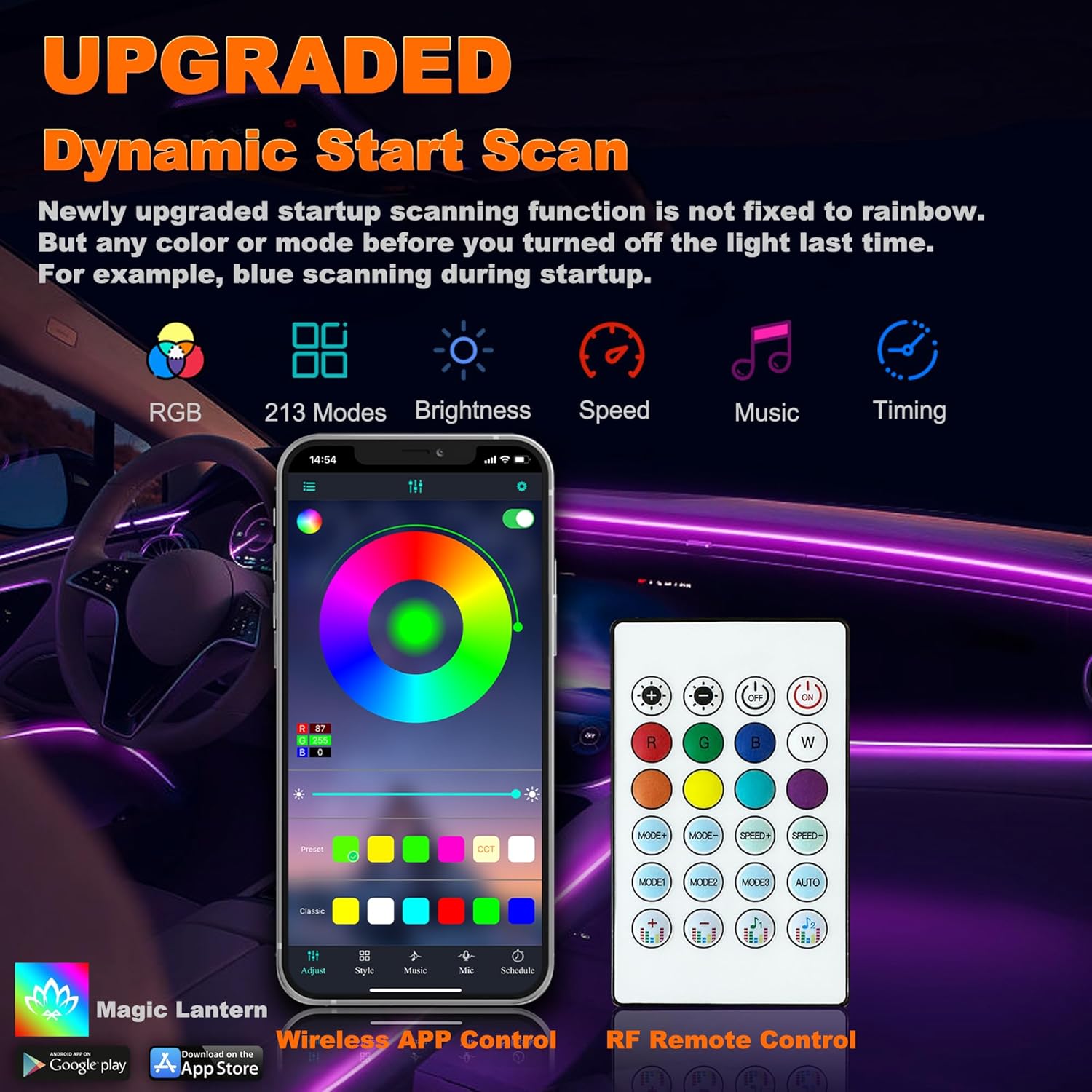 Car LED Strip Lights, Interior Acrylic LED Lights for Car with Dynamic Rainbow Dream Color Chasing, Car Ambient Lighting Kits, Music Sync (8 in 1(6 * 29.5+43.3+14.5 inches))