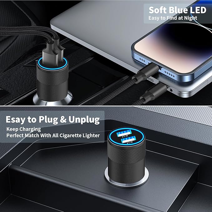 【MFi Certified】iPhone Car Charger Fast Charging, Caiinei 4.8A USB Car Charger Fast Charging Cigarette Lighter Adapter with 6FT Coiled Lightning Cable for iPhone 14 13 12 11 Pro XS Max Mini XR X 8 iPad