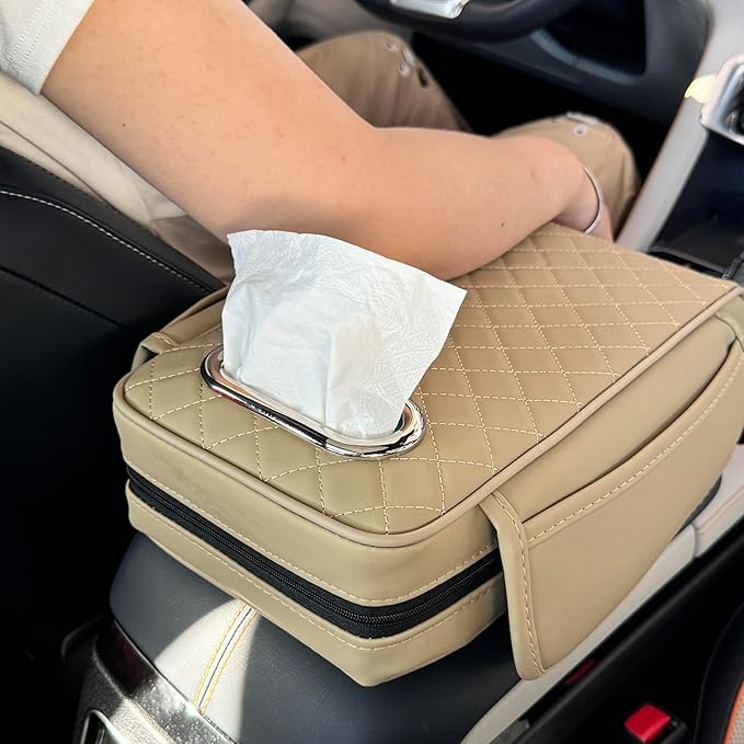 Upgraded Multi-Functional Car Center Console Cover, PU Leather Armrest Pad Cushion with Memory Foam Cushion, 2 Storage Pockets, Tissue Box Hole for Sedan Vehicles, 7 Colors (Beige)