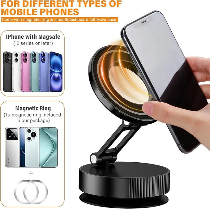 Magnetic Car Phone Holder, N55 Strong Magnets, 360° Rotation Dashboard Magnetic Phone Holder for Car, Folding Car Magnet Phone Mount for iPhone 16 15 14 13 Pro Max (Round-1)