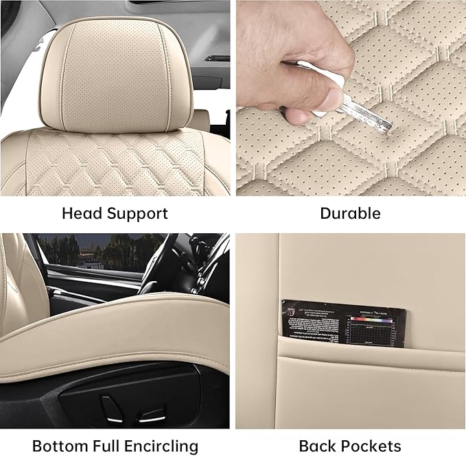 Car Seat Covers Front Seats, Luxury Faux Leather Car Seat Covers Waterproof Non-Slip Seat Protector Universal Fit for Most Cars SUVs Trucks Pick-ups, Beige Car Accessories Interior