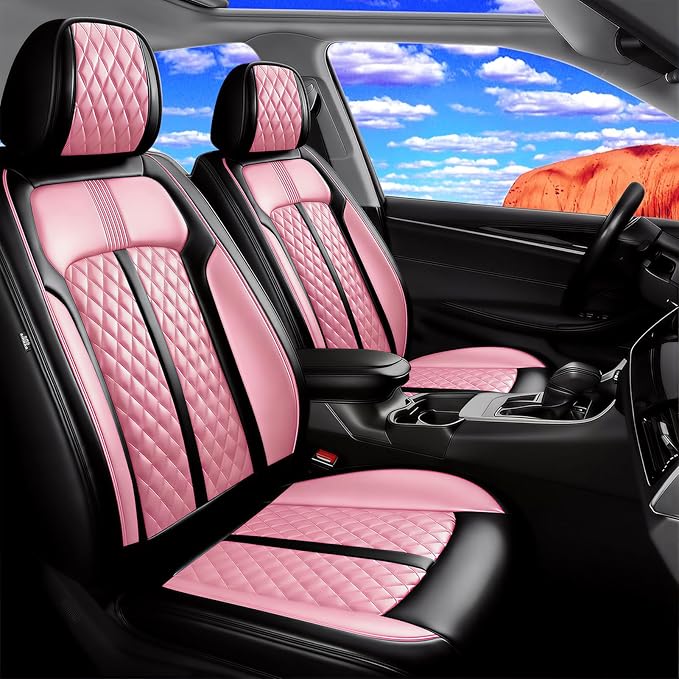 Fit Prologue Car Seat Covers for Select Honda Prologue 2024-2026 - Premium Full Coverage Leather, Airbag Compatible, Waterproof & All Weather Seat Cushion Protector, Front Pair Black+Pink