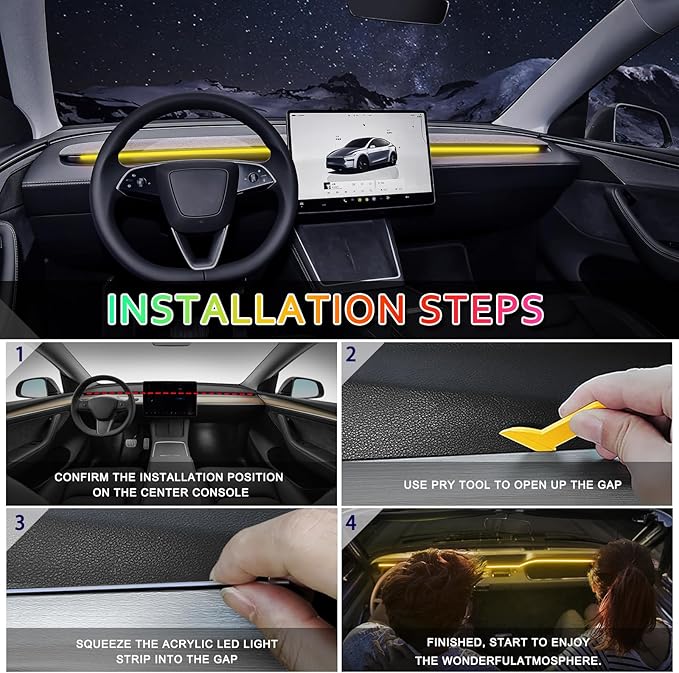 Acrylic Interior Car LED Strip Light with 6mm Sewing Edge - 43.3 inches Ambient Lighting Kits,Neon LED Strip Light(110CM/43.3IN, Yellow)