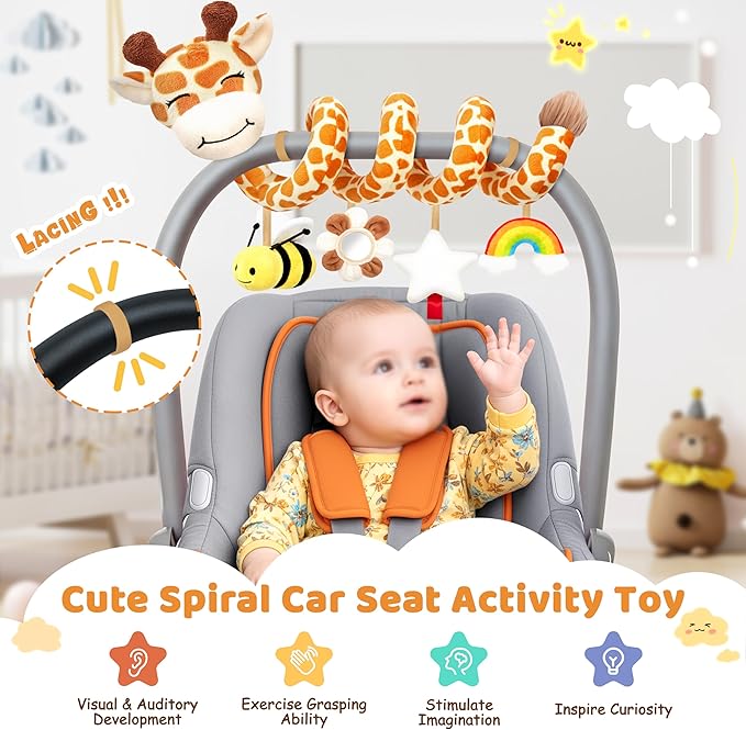 Stuffed Spiral Car Seat Baby Toys 6-12 Months, Infant Giraffe Sensory Toys Hanging Stroller Accessories, Newborn Shower Gifts for Baby Boys Girls Essentials | Cute Colorful Giraffe