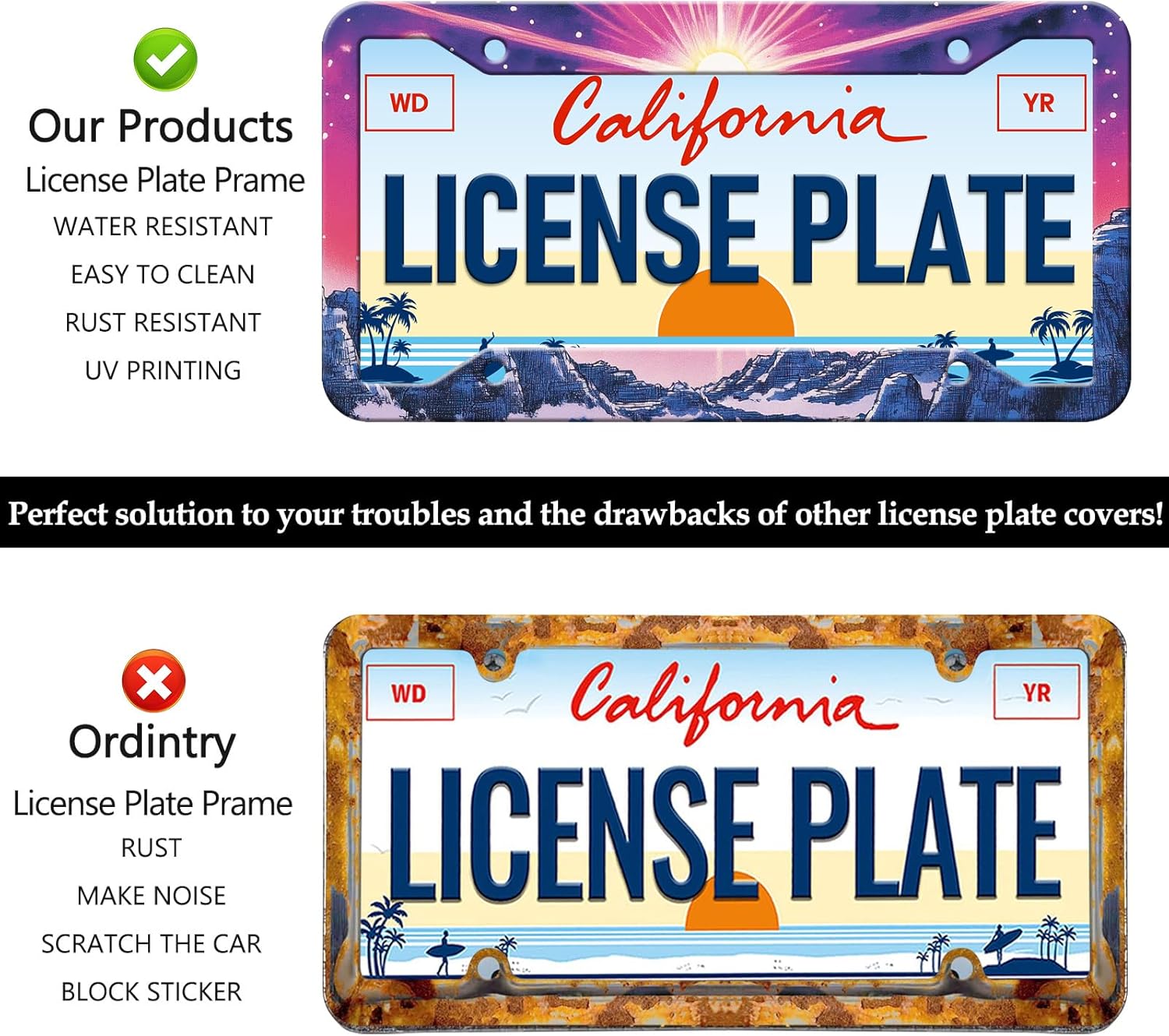Sunset Mountain Anime License Plate Frames - 2 Pack Magic Colorful Stainless Steel License Plate Holder,Rust-Proof Waterproof Car Decorative Tag Frame with Screws Fasteners Caps