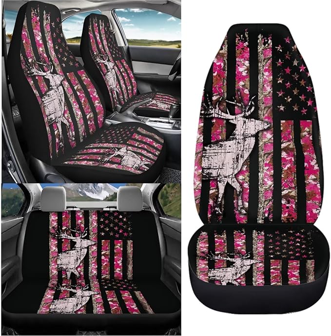 KEIAHUAN Branch Deer Camo Hunting Car Seat Covers Front Seat Cover and Split Rear Bench Seat Covers Set of 4 Stretchable Auto Interior Decoration Accessories for Sedan, Truck, SUV, Van, Pink