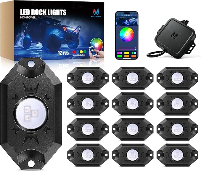 MICTUNING 2nd-Gen CM RGB Rock Lights - 12 Pods Waterproof Multicolor Neon Underglow Kit with Bluetooth App Control & Music Mode for Trucks Pickup UTV SUV ATV （2 Year Warranty）
