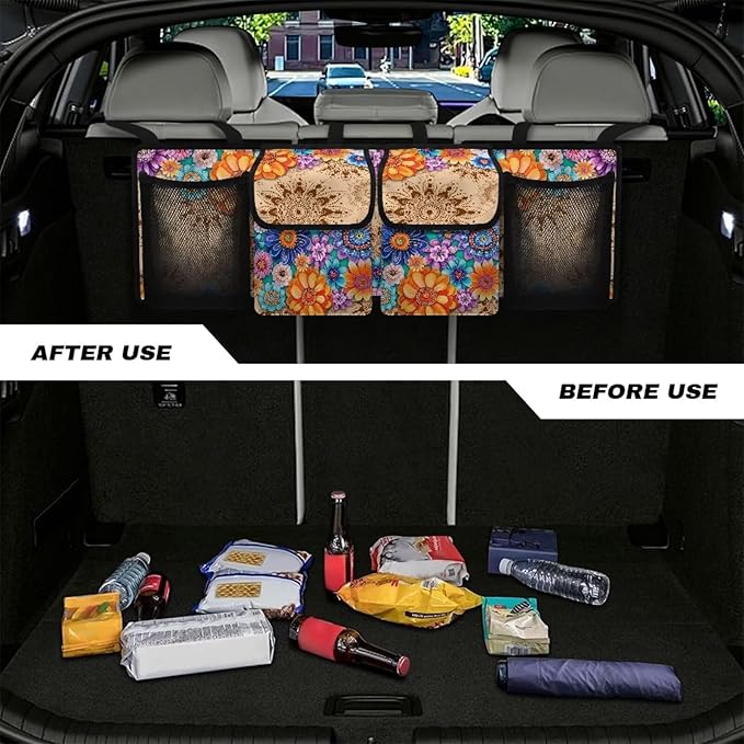 Foldable Auto Hanging Seat Back Storage Bohemian Mandala Floral Blossom Car Organization Women Trunk Hanging Storage Bag