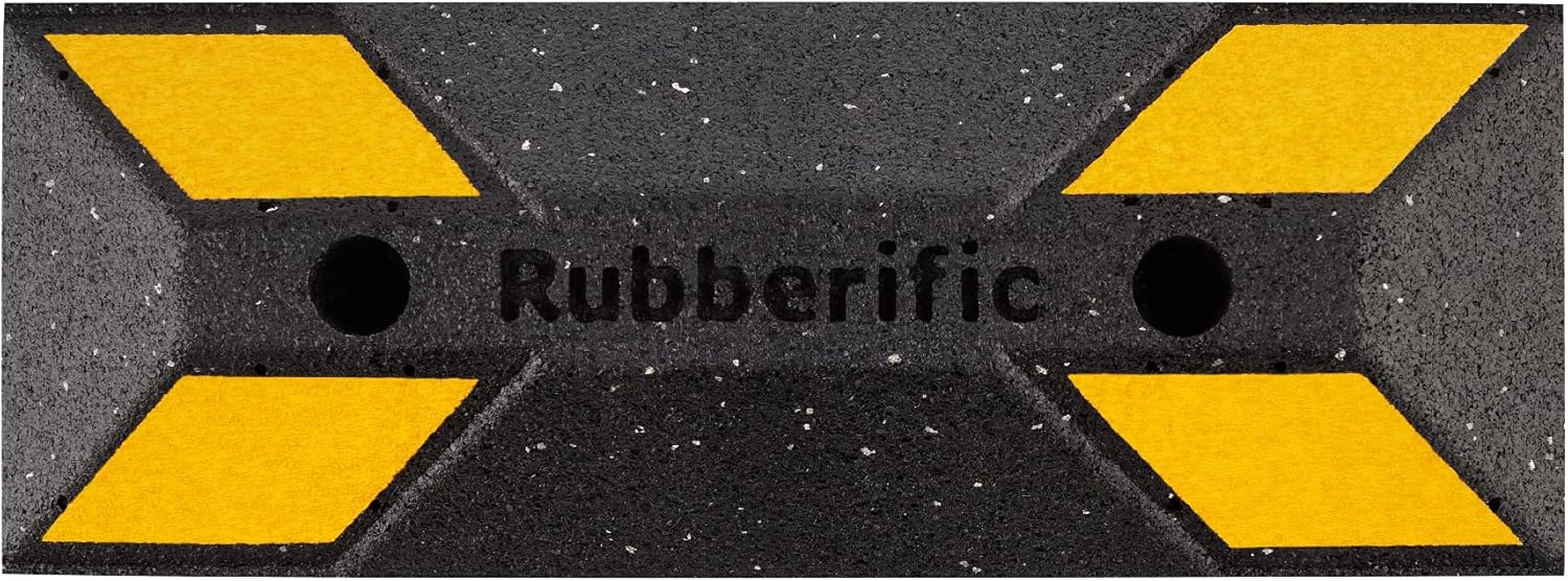 Rubberific Heavy Duty Rubber Parking Stop Durable Easy to Install Reflective Parking Curb Garage Car Stopper for Indoor and Outdoor Use (2 Pack)