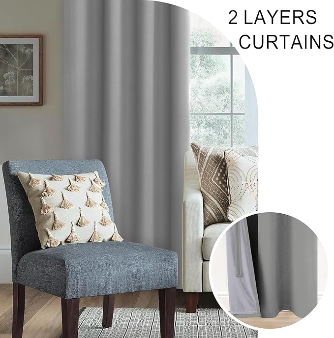 XWZO 100% Blackout Curtains with Tiebacks- 2 Thick Layers Completely Shaded Window Treatment Thermal Insulated Lined Drapes with Grommets for Bedroom/Laundry, Light Grey, W52 x L84, Set of 2 Panels
