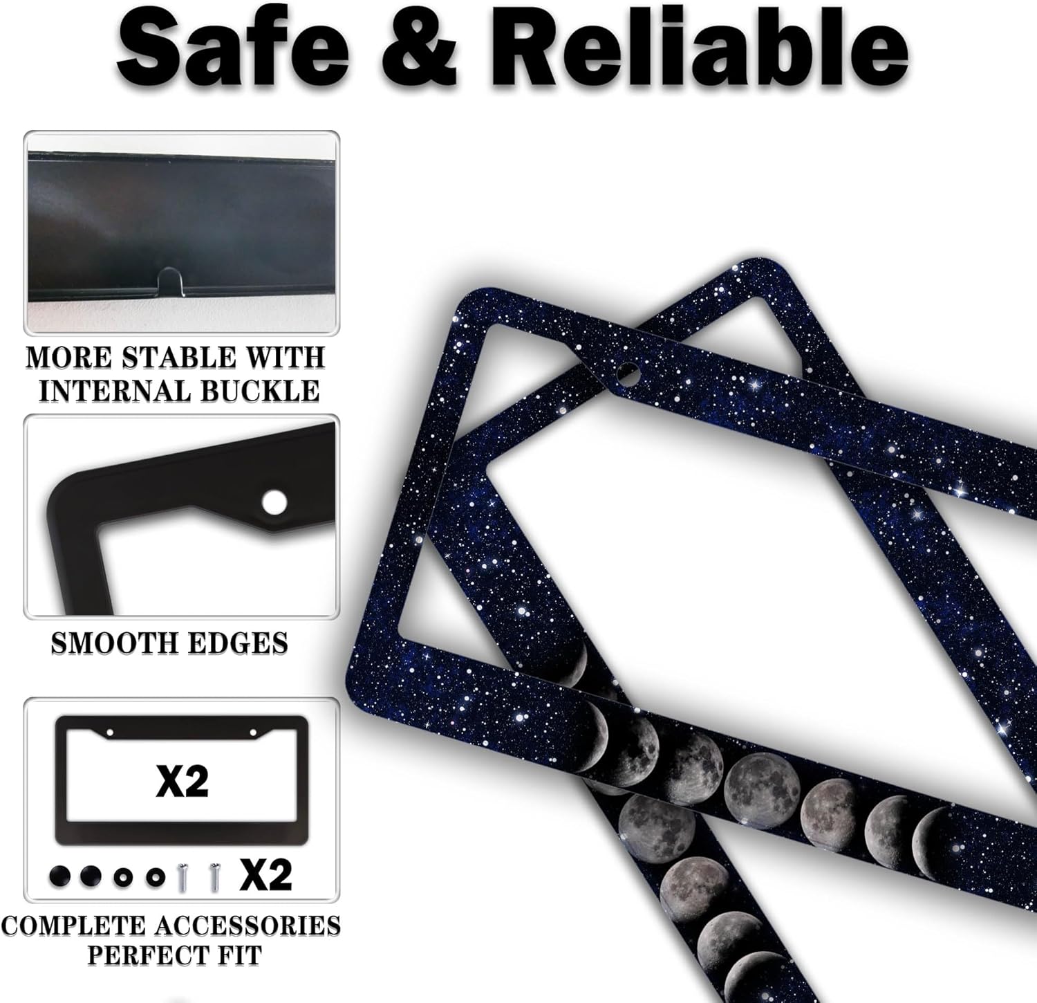 Automotive Exterior Accessories Black and White License Plate Frames Celestial Moon Phases Aluminum Metal Car Accessory 2 Pack with Screw Covers Set