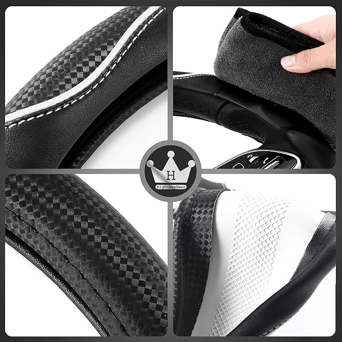 3D Car Steering Wheel Cover Comfort Grip Massage Sporty Anti-Slip Carbon Fiber Faux Leather for F150, Trucks, Jeep, Van, Car Handle Covers for All Seasons, 15.2-16in, White