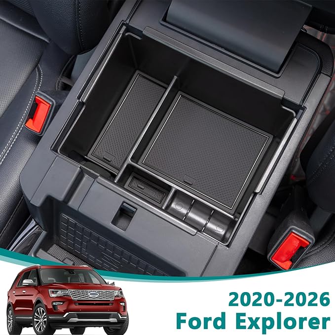 TOPINSTALL Black Center Console Organizer Tray Compatible with 2020-2025 2026 Ford Explorer Accessories, Deep Armrest Storage Box with Coin Holder & Non-Slip Mats, 6th Gen Explorer Accessories
