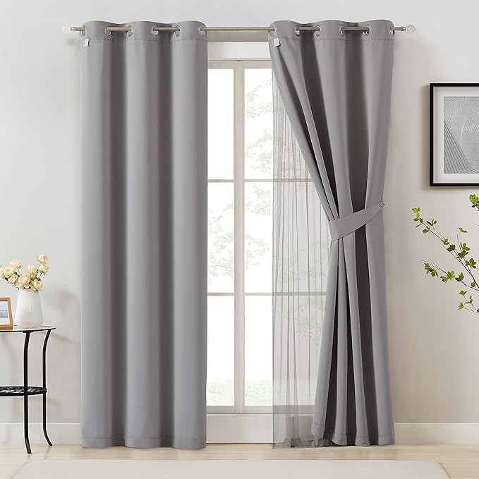 Bujasso Grey 90% Blackout Curtains with Sheer Overlay Mix and Match Double Layer Window Curtains Thermal Insulated 63 inch for Living Room Bedroom Gray Drapes with Tiebacks Grommet Top 37" Wx63 Lx2