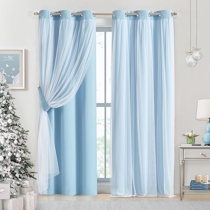 Bujasso Sky Blue 80% Blackout Curtains with Sheer Overlay Mix and Match Double Layer Thermal Insulated Window Panels 84 inch for Living Room Bedroom Blue Drapes with Tiebacks Grommet Top 37" Wx84 Lx2