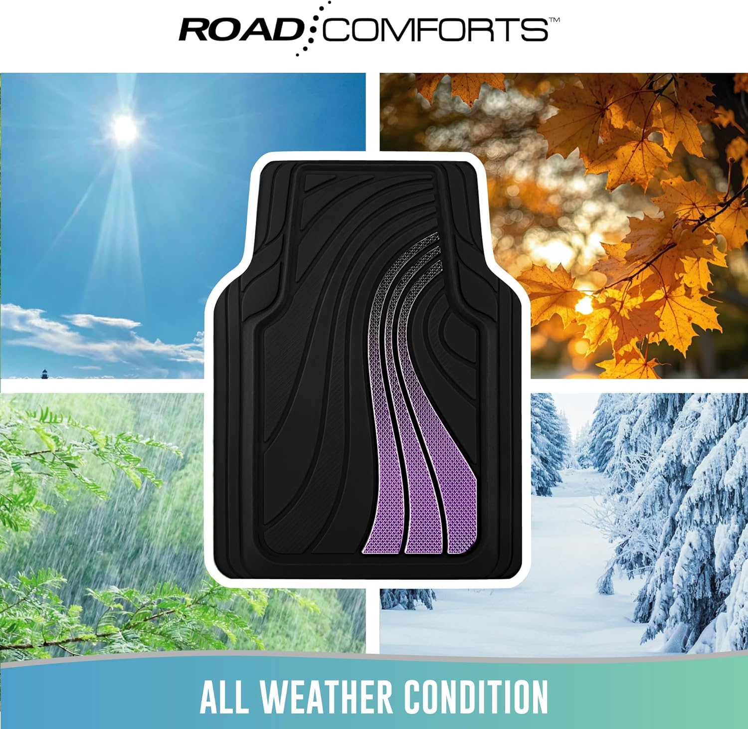 Road Comforts Car Floor Mats Full Set – Front & Rear Car Floor Mats with Aluminum Design, Anti-Slip Backing, All-Weather Protection, Trim-to-Fit Car Mats for Most Sedans, SUVs & Vans - Purple