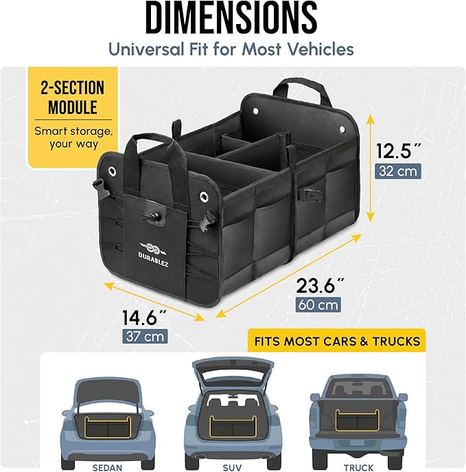 2-Section Trunk Organizer Foldable Car Storage Bin – Compact Dual-Compartment Auto Organizer with Cover Net, Non-Slip Pads, Heavy Duty Oxford 1680D – Black