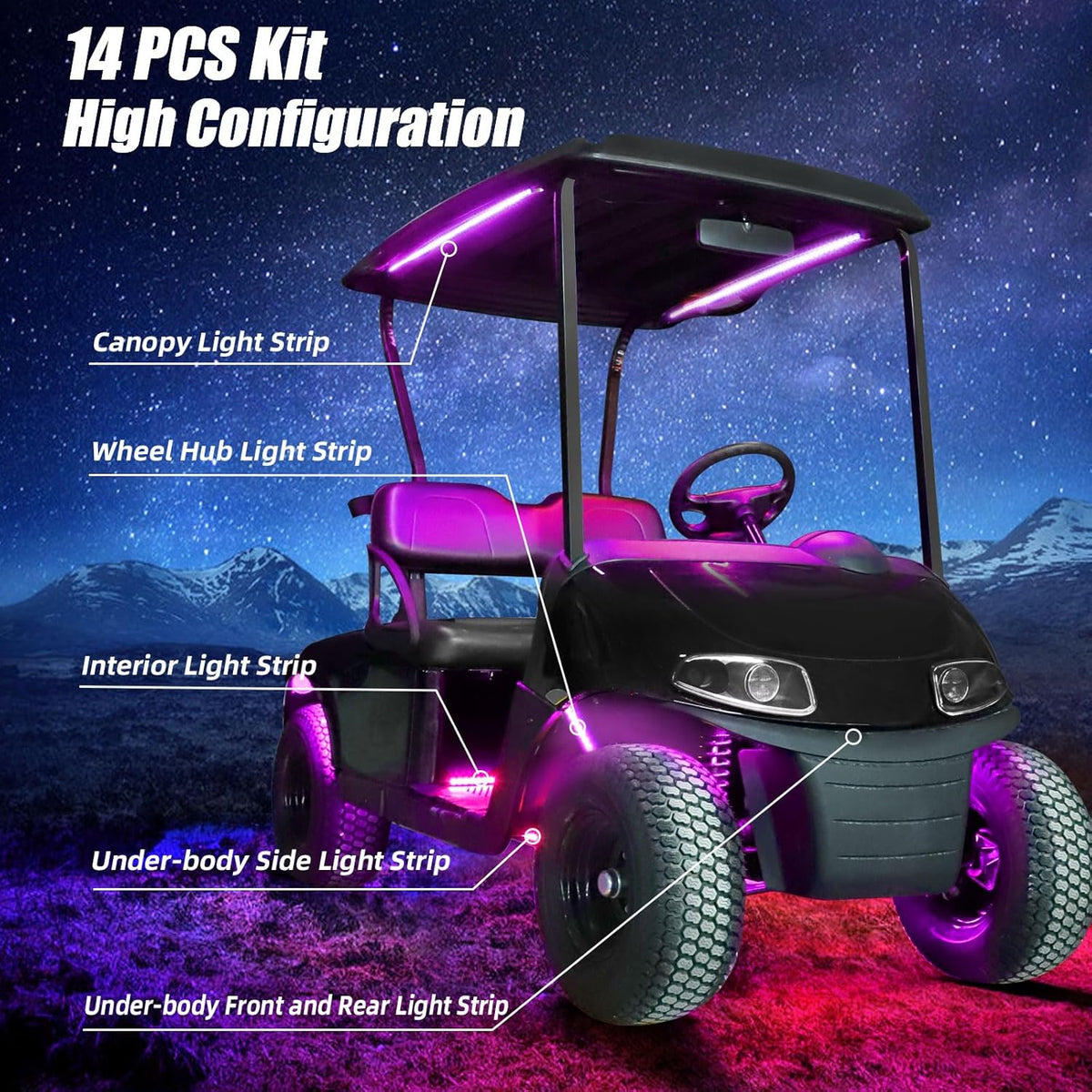 Roykaw Golf Cart Underglow LED Strip Lights Accent Neon Lighting Kit w/Canopy, Wheel Well & Interior Lights for EZGO Yamaha Club Car, Million Colors/Waterproof IP68/Sync to Music, Fits 12V-80V, 14PCS