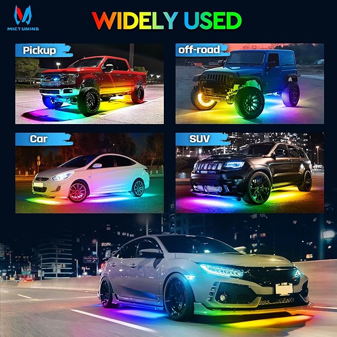 MICTUNING N8 Car Underglow Light Bar Kit, Chasing Color RGB+IC LED, Aluminum Exterior Underbody Multicolor Soundsync Neon Light Strip, Wireless App & Remote Control, IP68 Waterproof, 8PCS